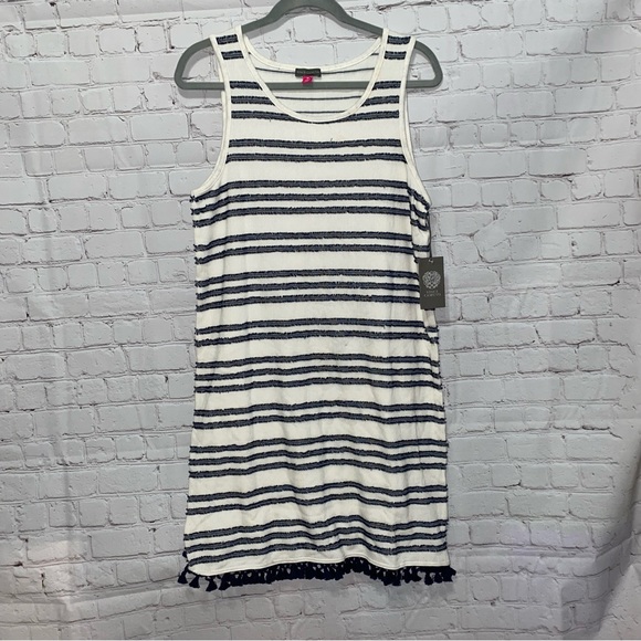VINCE CAMUTO Women's Ivory/navy Fringe-striped Tassel-hem Sheath Dress SZ M. - Picture 3 of 11